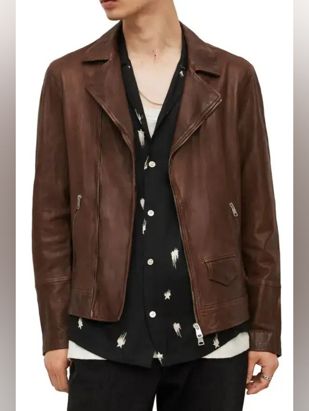 All Saints Rio 100% Genuine Lambskin Leather Biker Moto Jacket Brown M